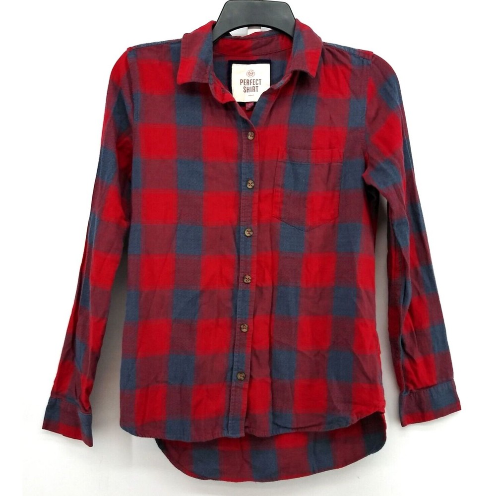 SO Flannel Button Up Womens Small Red Plaid Lightweight Long Sleeve Top
